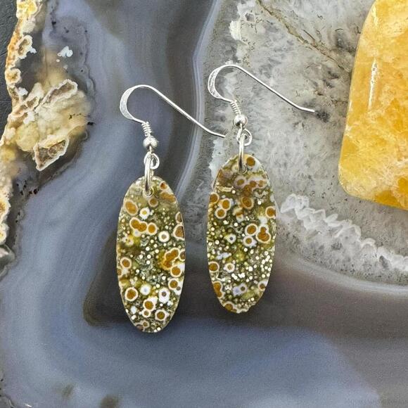 Sterling Silver Oval River Jasper Slab Dangle Earrings For Women #202 - Picture 7 of 10